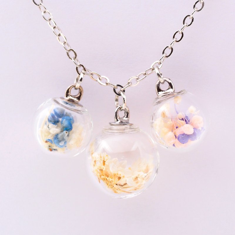 「OMYWAY」Handmade three Dried Flower Necklace - Glass Globe Necklace - สร้อยติดคอ - แก้ว สึชมพู