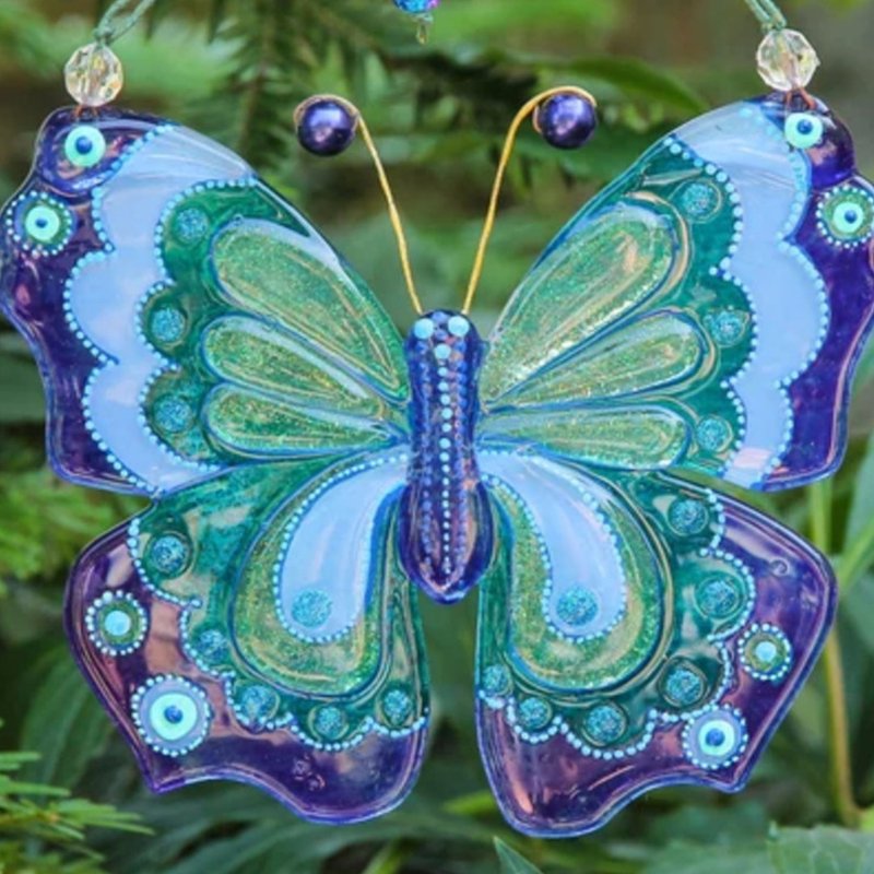 Blue Butterfly Glass Suncatcher – Elegant Wall Decor & Christmas Ornament - 擺飾/家飾品 - 玻璃 藍色