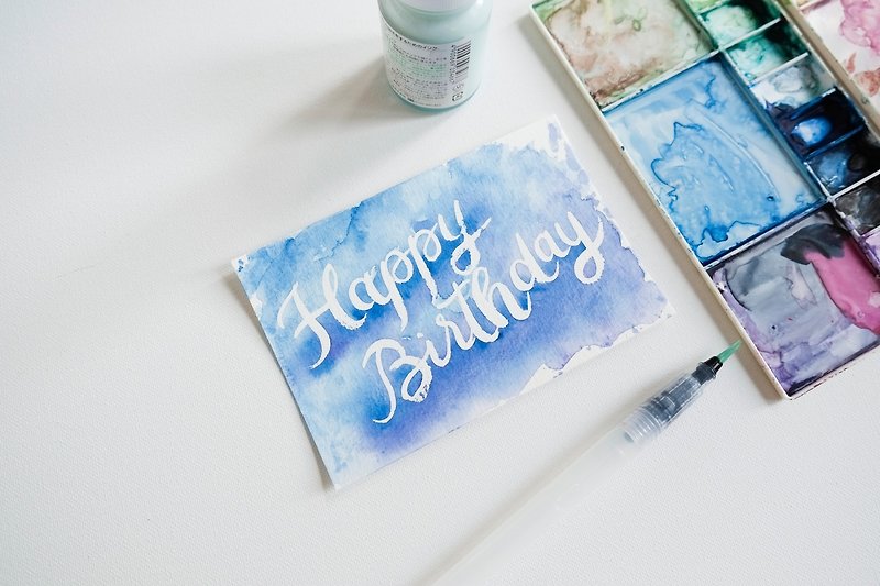 Custom-made water brush lettering original copy birthday postcard - Cards & Postcards - Paper Blue