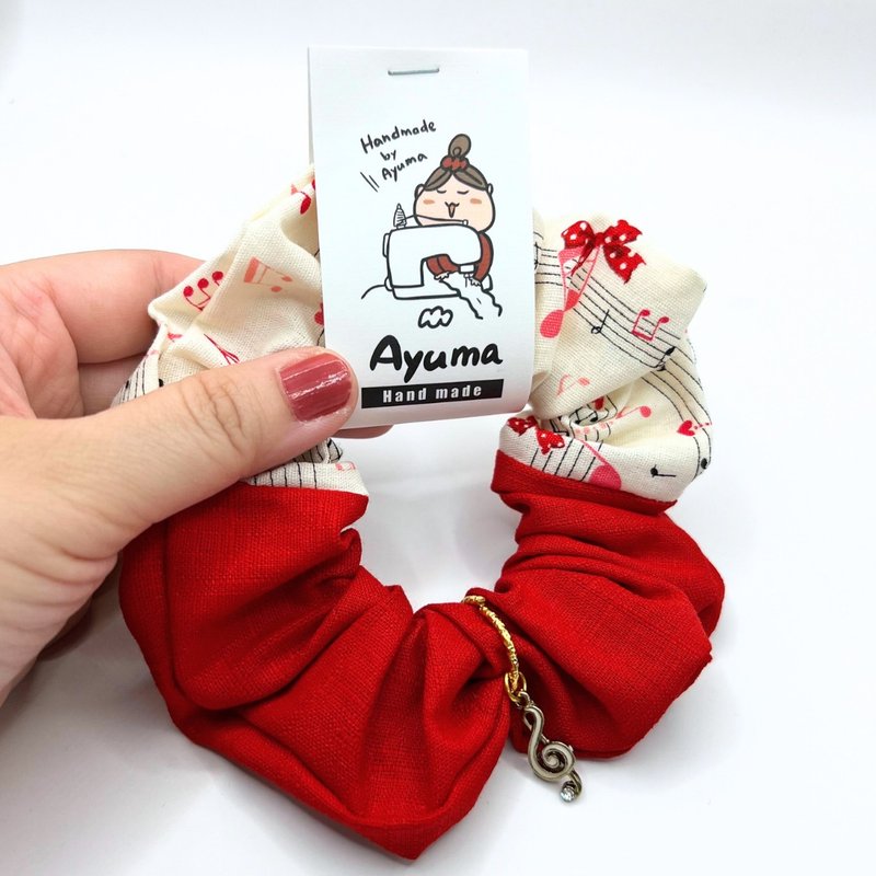 Japanese musical note pendant handmade super elastic hair ring - Hair Accessories - Cotton & Hemp Red