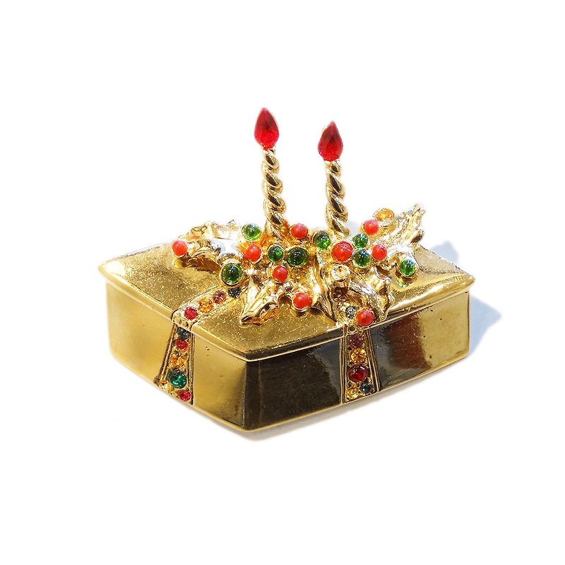 Christmas gift box rhinestone brooch - เข็มกลัด - โลหะ สีทอง