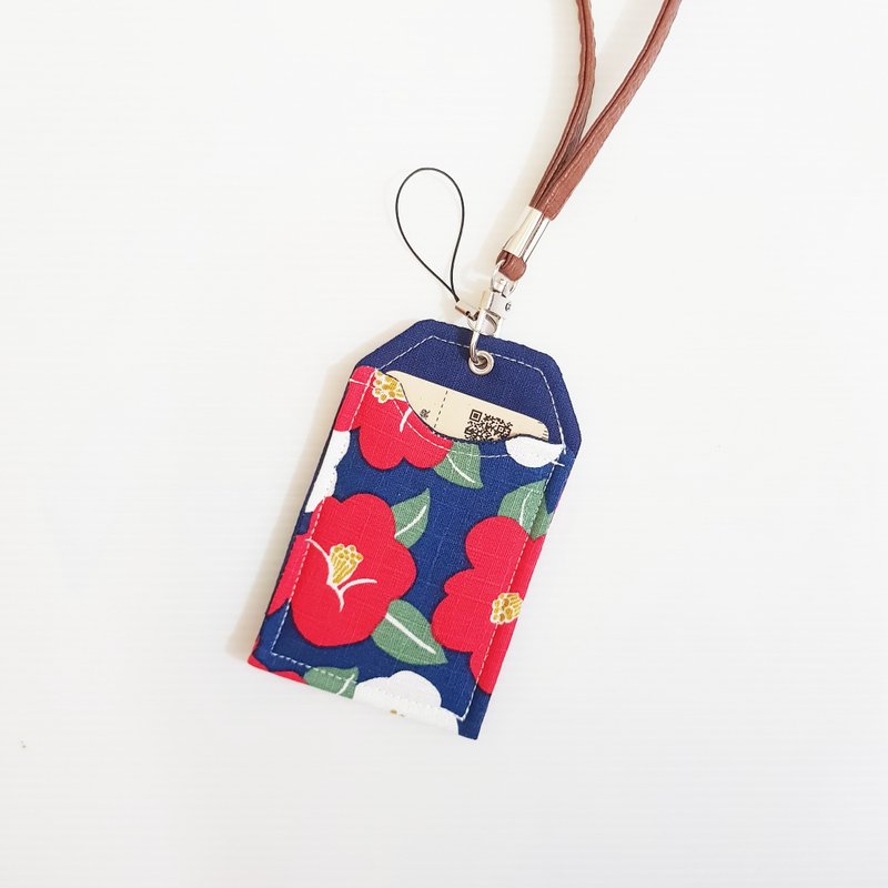 【日式山茶花&深藍】 御守造型卡套 卡套 證件套 - 證件套/識別證套 - 棉．麻 紅色