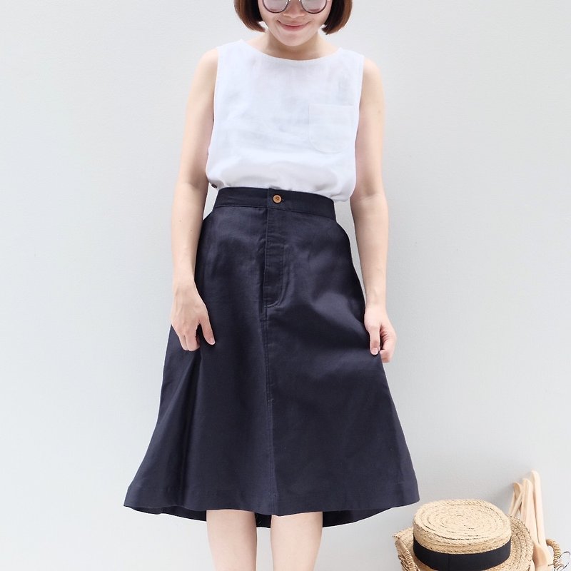 Linen Skirt : Dark Blue Color - 裙子/長裙 - 棉．麻 藍色