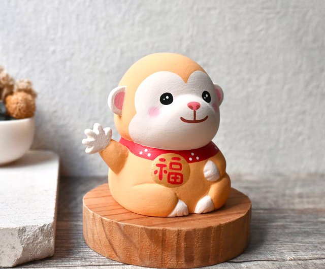 幸運を祈る小さな猿、手作りの木製装飾、名刺入れ、癒しの小さな木彫り
