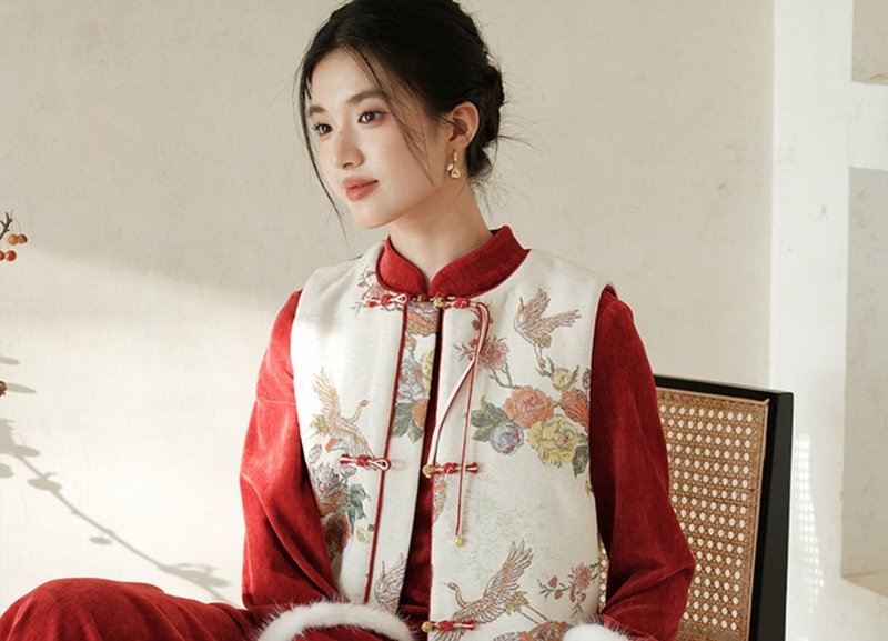 新中式復古中國風 金絲提花新婚新年背心 - 背心/無袖上衣 - 聚酯纖維 紅色