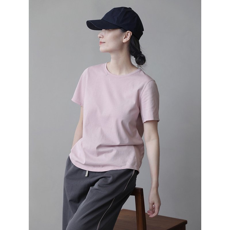 Pink pure cotton skin-friendly round neck hand-embroidered knitted pullover casual T-shirt - Women's T-Shirts - Cotton & Hemp 