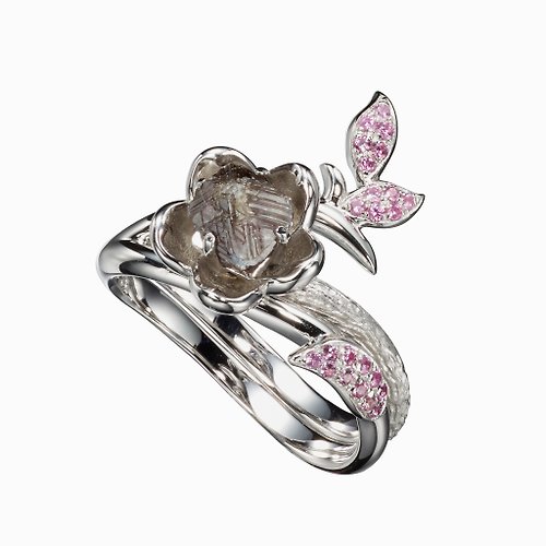 Majade Jewelry Design 鑽石鑽胚14k金粉紅寶石梅花求婚戒指套裝 獨特植物原石訂婚組合