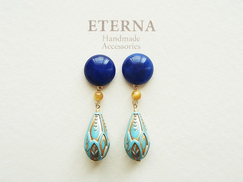 Blue acrylic bead cabochon, tiger eye and acrylic beads clip on earrings 夾式耳環 - ต่างหู - หิน สีน้ำเงิน