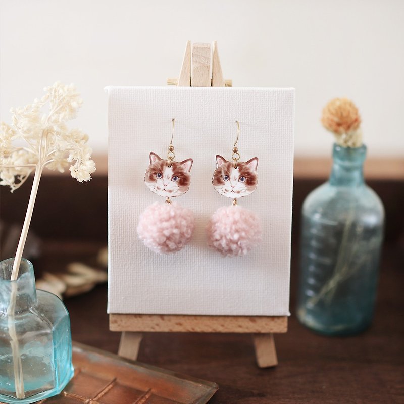 Small animal hair ball handmade earrings - Persian cat peach can be changed - Earrings & Clip-ons - Resin Pink