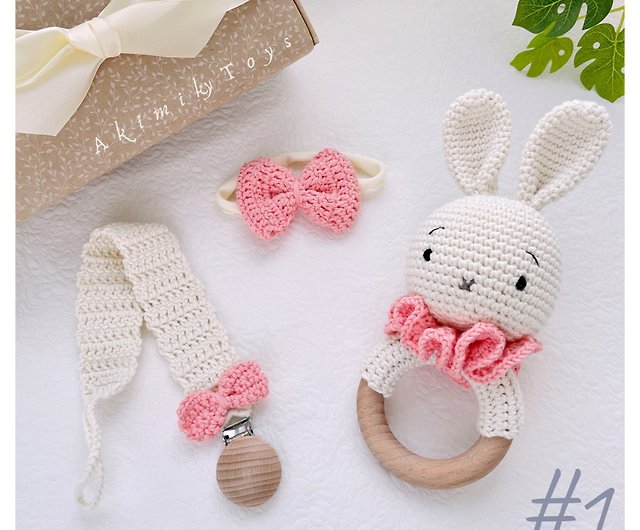 Crochet Handmade Bunny Set Rattle Toy Pacifier Clip  Baby Gift Newborn Gift Accessories Hair Accessories Headbands & Turbans Baby Headbands 