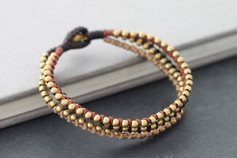 Earth Tone Brass Cotton Waxed Cord Bracelets Woven Stud Strand Bracelets  - สร้อยข้อมือ - ผ้าฝ้าย/ผ้าลินิน สีนำ้ตาล
