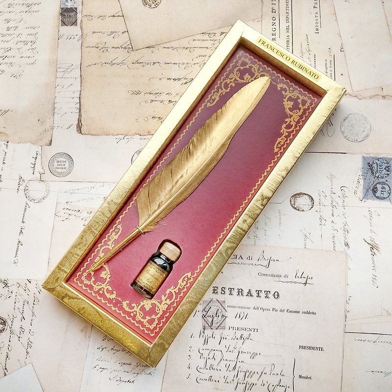 7812/O Italian gorgeous golden feather dip pen gift box | Francesco Rubinato - ปากกาจุ่มหมึก - โลหะ สีทอง