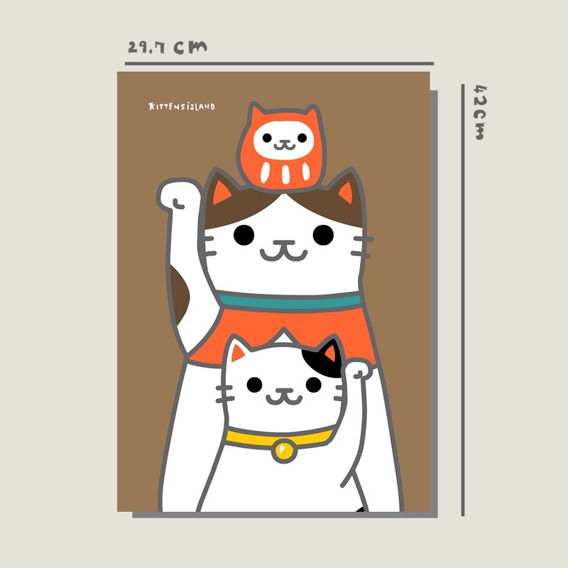 Original A3 poster/three stacks of lucky cats_Dharma cat/original design/cat/A3 poster/decorative painting/ - Posters - Paper 