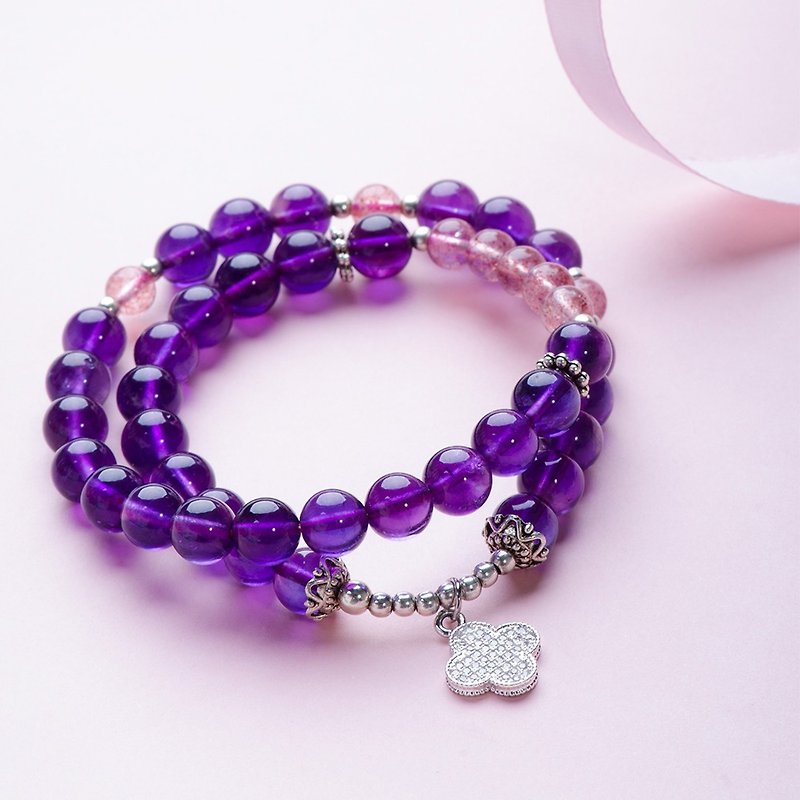 Amethyst, Rose Quartz, 925 Sterling Silver Clover Natural Crystal Stack Bracelet - Bracelets - Crystal Purple