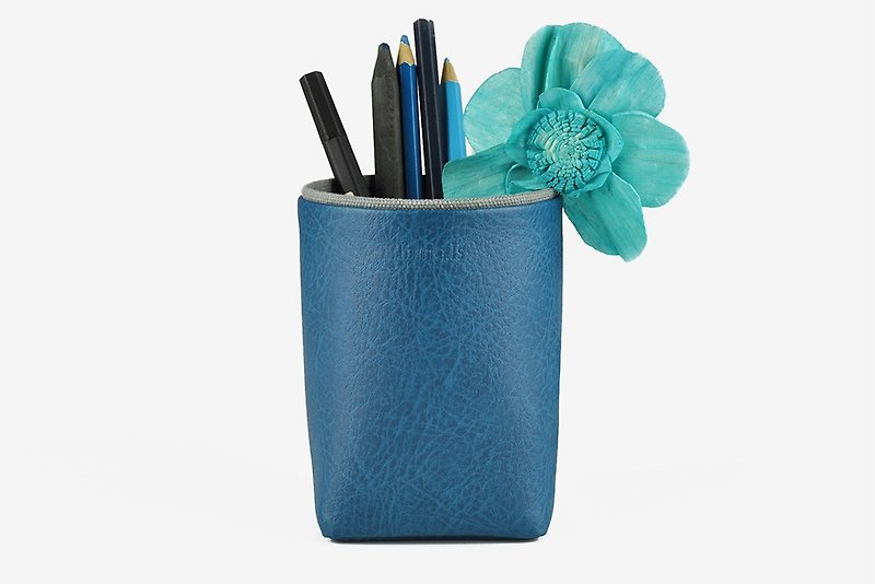 皮革帆布筆筒 桌面收納 藍色 - 筆筒/筆座 - 人造皮革 藍色