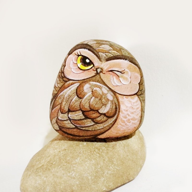 Owl stone painting original art. - Stuffed Dolls & Figurines - Stone Brown