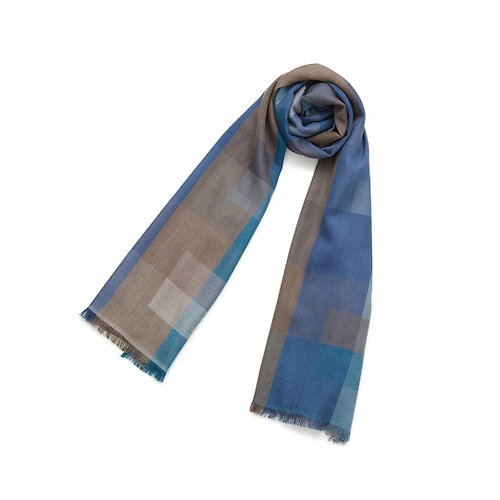 MOTHERHOUSE 棋盤格紋絲質圍巾-藍色X棕色(數量有限 售完為止)
