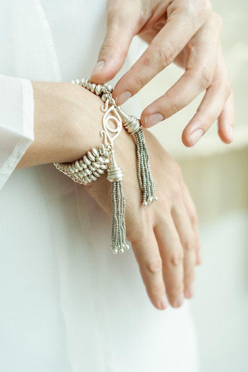 Stories of silver and silk Handmade transformable silver necklace/bracelet with detachable tassels (N0134)