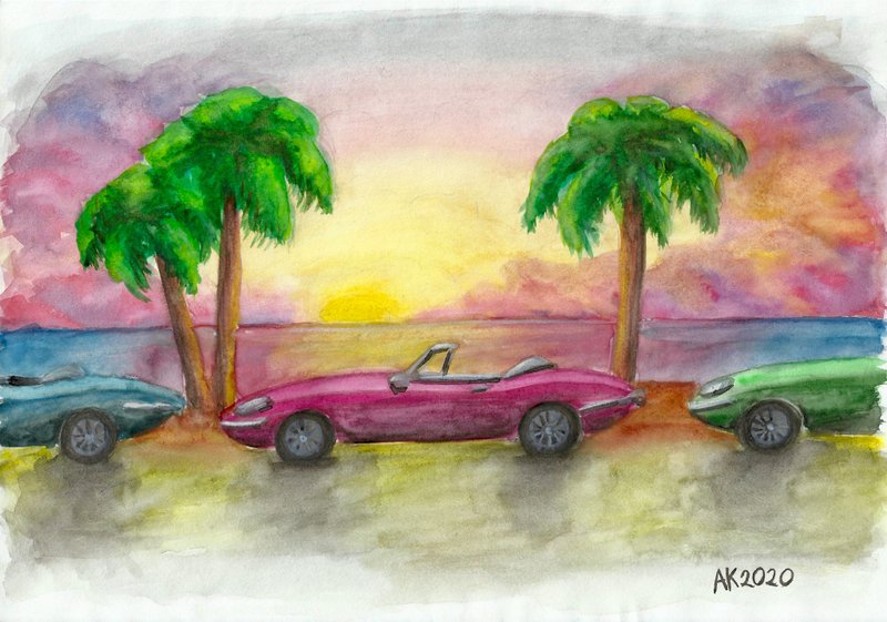 Southern Vibes watercolor painting, Miami Beach, Jaguar car, home decor, - 壁貼/牆壁裝飾 - 其他材質 多色