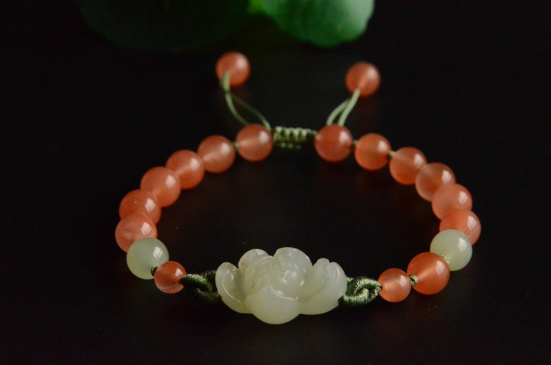 [Yilian] Natural Nanhong Ice Red Bracelet and Hetian Jade Lotus Carving - Bracelets - Gemstone 