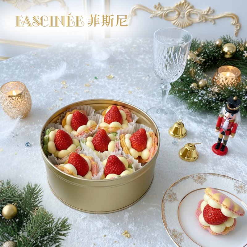 [Pre-order] Strawberry Macaron Round Tin Gift Box (7 pcs) - Cake & Desserts - Fresh Ingredients 