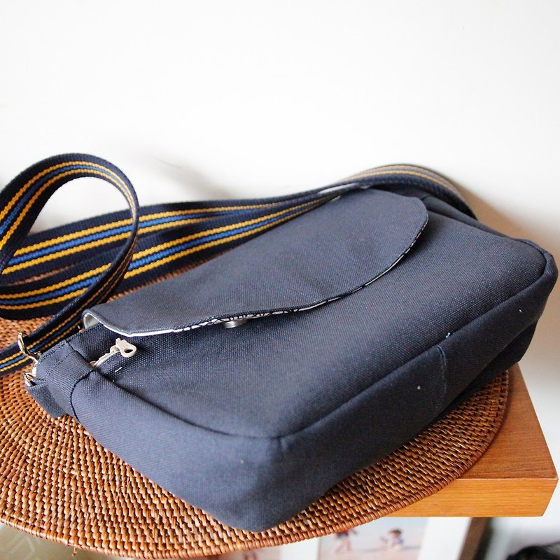 Dark blue canvas compact side backpack waterproof inner zippered inner pocket - Messenger Bags & Sling Bags - Cotton & Hemp Blue