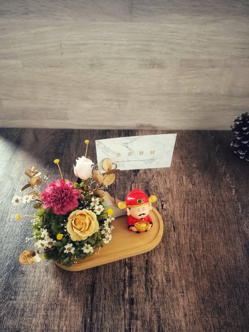 薄荷貓不凋花、乾燥花藝坊 財神爺永生花名片座 留言夾/不凋花/乾燥花/開幕送禮/招財/玄關擺