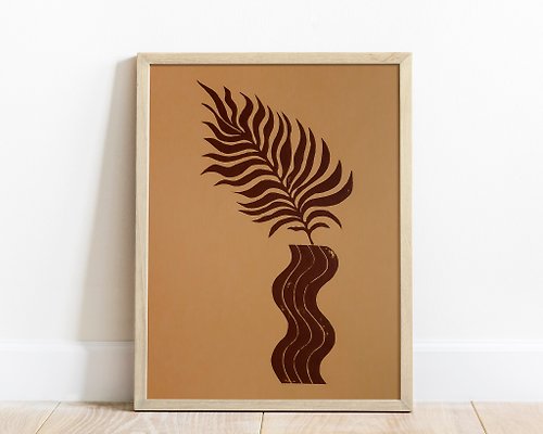 daashart Linocut print Boho brown wave vase plant art Simple artwork Nature lover gift