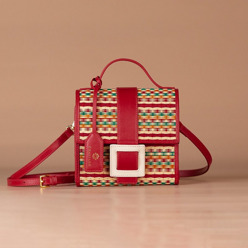 Small Bag from Woven Natural Straw with Genuine Leather - Chaksarn Mini Candy - Handbags & Totes - Genuine Leather Red