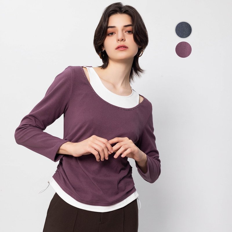 【MEDUSA】假兩件背心絨面抽繩T恤-2色(M-XL) | 休閒保暖上衣 - 女 T 恤 - 聚酯纖維 紫色