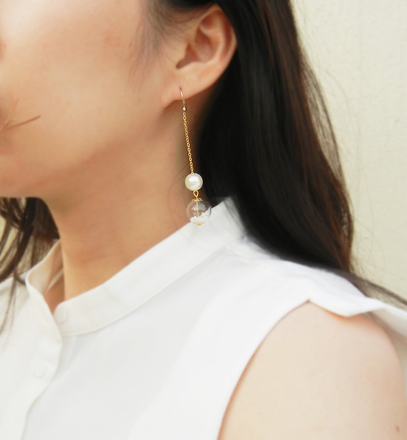*coucoubird*size pearl long earrings / small engraving tag can be added - Earrings & Clip-ons - Glass White
