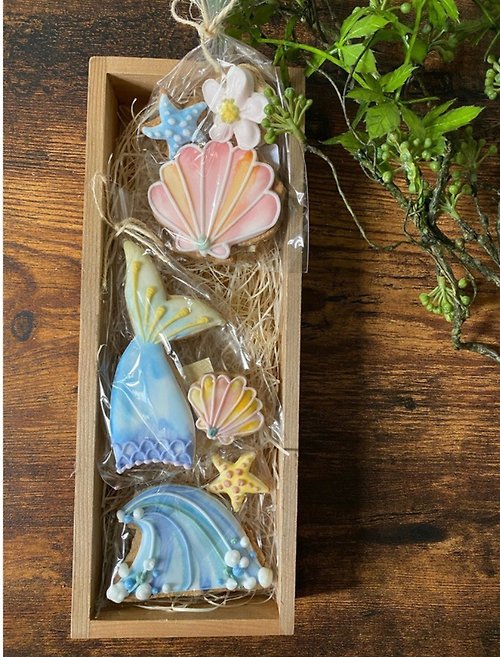 sai-art-cookies 有機糖霜餅乾木製禮品盒 海 貝殻 人魚 波