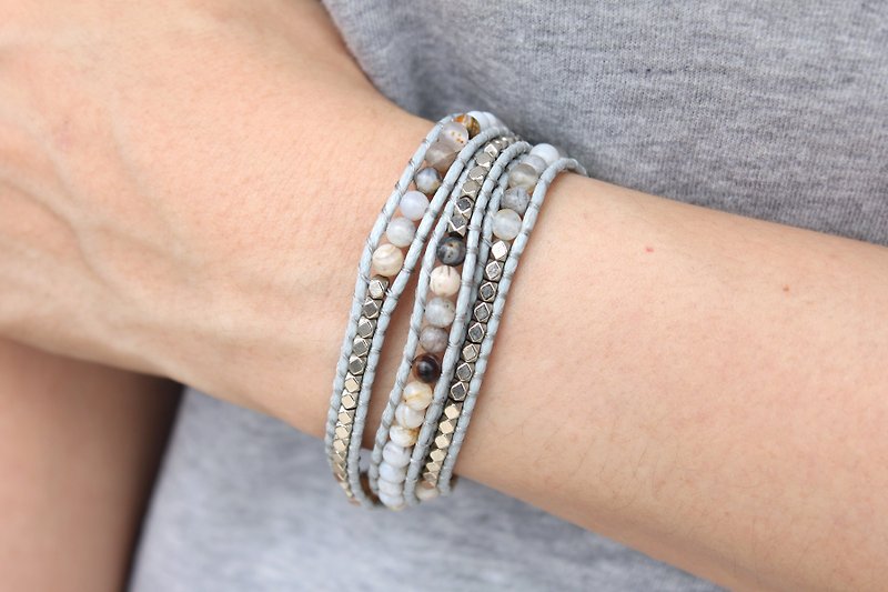 Stone Beaded Wrap Bracelets Grey Silver Tribal Ethnic Bohemian Wrap Bracelets - สร้อยข้อมือ - หิน สีเทา