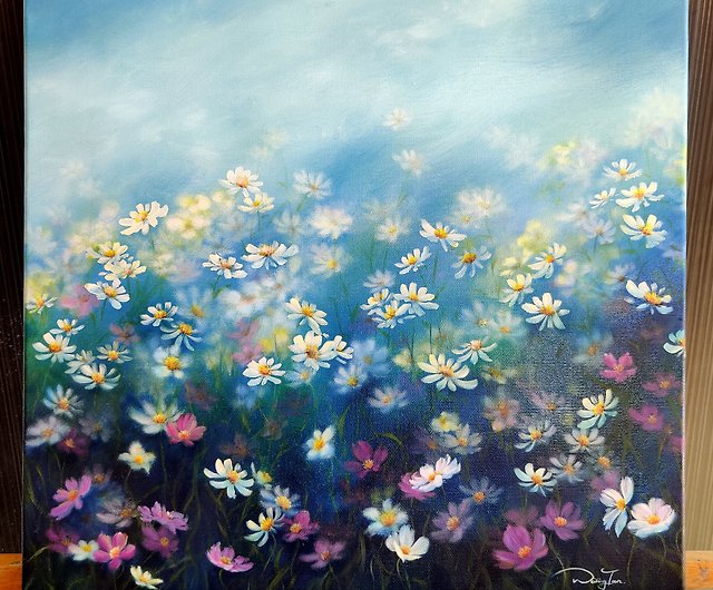 春の花】キャンバスにオリジナルの油絵。霧の中の朝の花の牧草地 