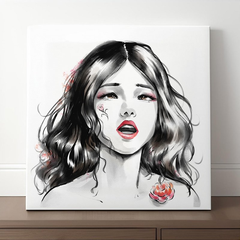 Black and White Sumi-e Portrait of Women Canvas Print for Living Room or Bedroom - ตกแต่งผนัง - กระดาษ ขาว