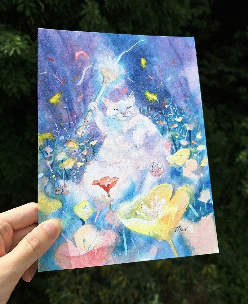 水彩画原画【お花畑に変身した魔法の猫】 - ポスター・絵 - 紙 多色