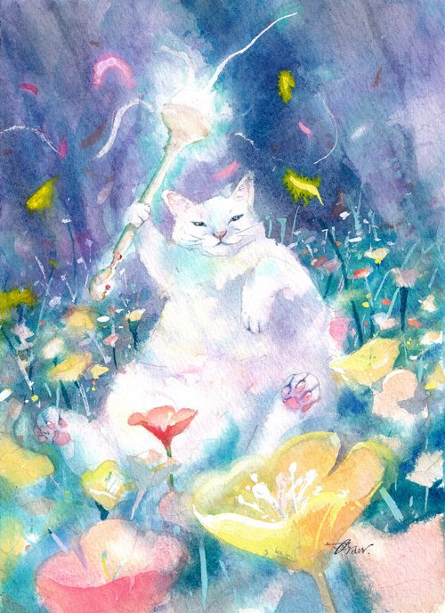 原画#2461 青白く 猫 薔薇 花 水彩画 ドローイング インテリア イラスト アート