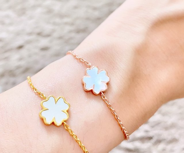 14K Gold & Green Enamel Four-leaf Clover Bracelet, Dainty Stacking Bracelet, Gift for Her, Minimalist Jewelry, Cable Chain, Good Luck