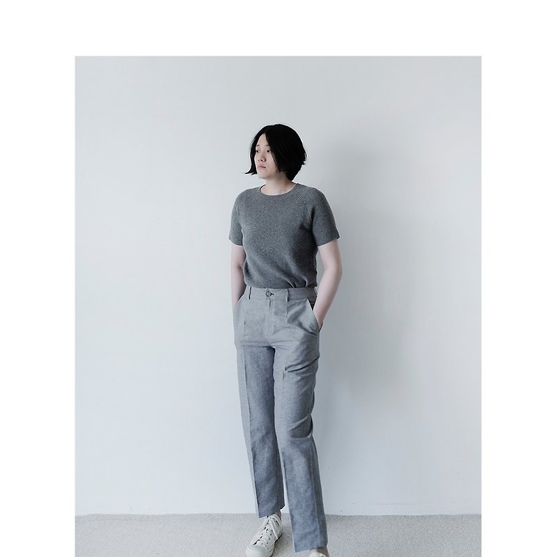 Chestnut Research Institute | Independent design rock gray ultra-thin cotton raglan short-sleeved knitted T-shirt machine washable - เสื้อยืดผู้หญิง - ผ้าฝ้าย/ผ้าลินิน 