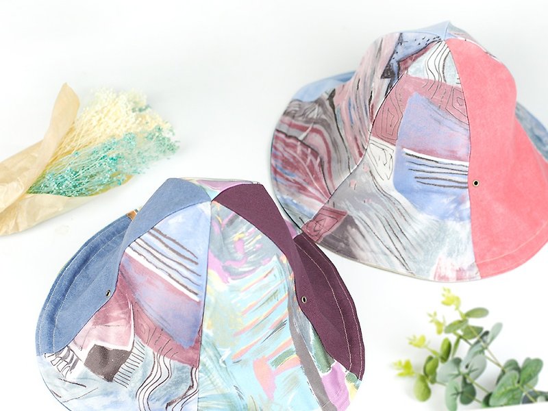 Xiao Niu Village handmade double-sided hats men and women hats hats can be folded wind rope detachable super practical temperament Mother's Day gift "pastel art" [HB-05] - Hats & Caps - Cotton & Hemp Pink