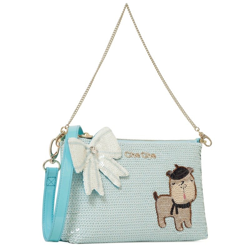 French Bulldog Beaded Handbag - กระเป๋าแมสเซนเจอร์ - หนังแท้ สีน้ำเงิน
