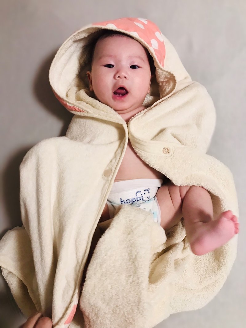 Little Mushroom Raw Cotton Yarn Growth Bath Towel/Bathrobe-Big Pink Dots [Newborn/Moon-Moon/Baby Birth Gift] - ของขวัญวันครบรอบ - ผ้าฝ้าย/ผ้าลินิน 
