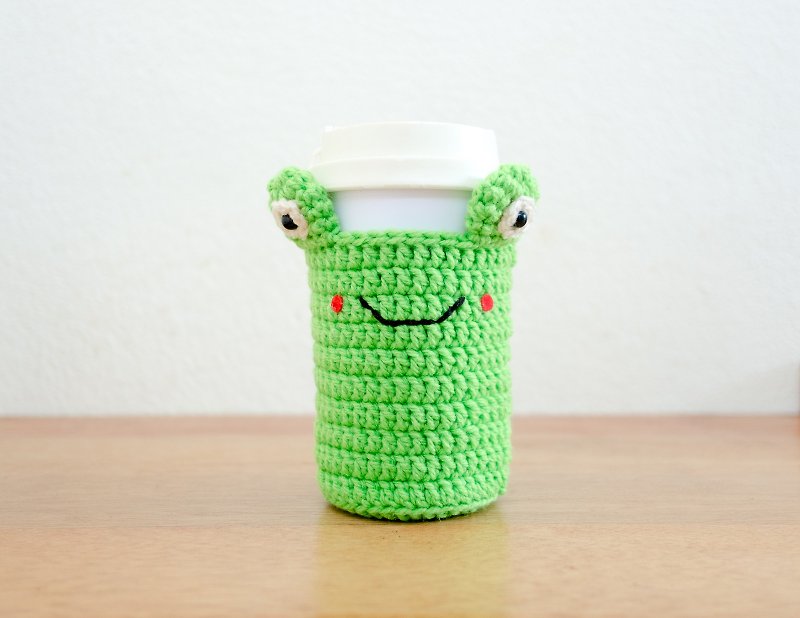 Crochet Cozy Cup - The Cute Frog / Coffee Sleeve, Starbuck. - 飲料提袋/杯袋/杯套 - 壓克力 綠色