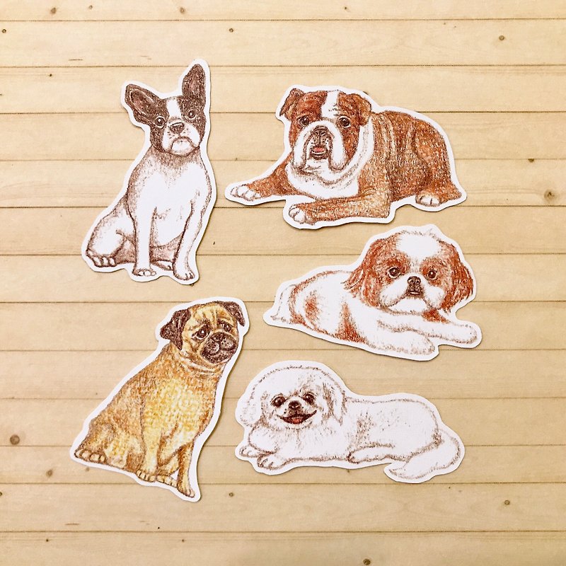 Color pencil hand-painted flat face dog waterproof sticker set 5pcs - Stickers - Paper 