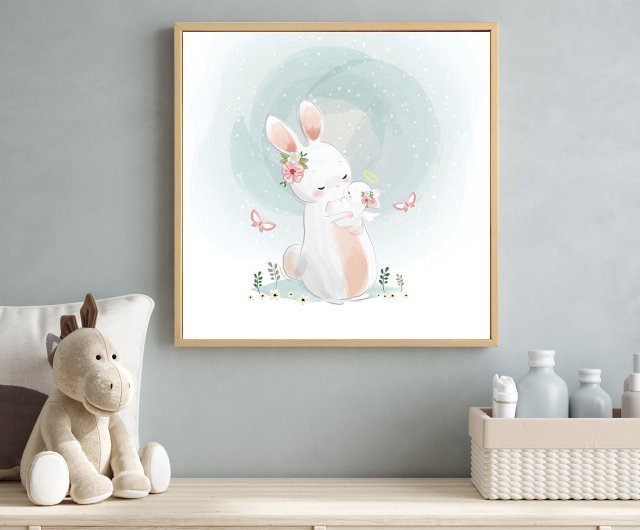 母の抱擁～癒やしのうさぎの親子掛け画・手描きのかわいいうさぎ