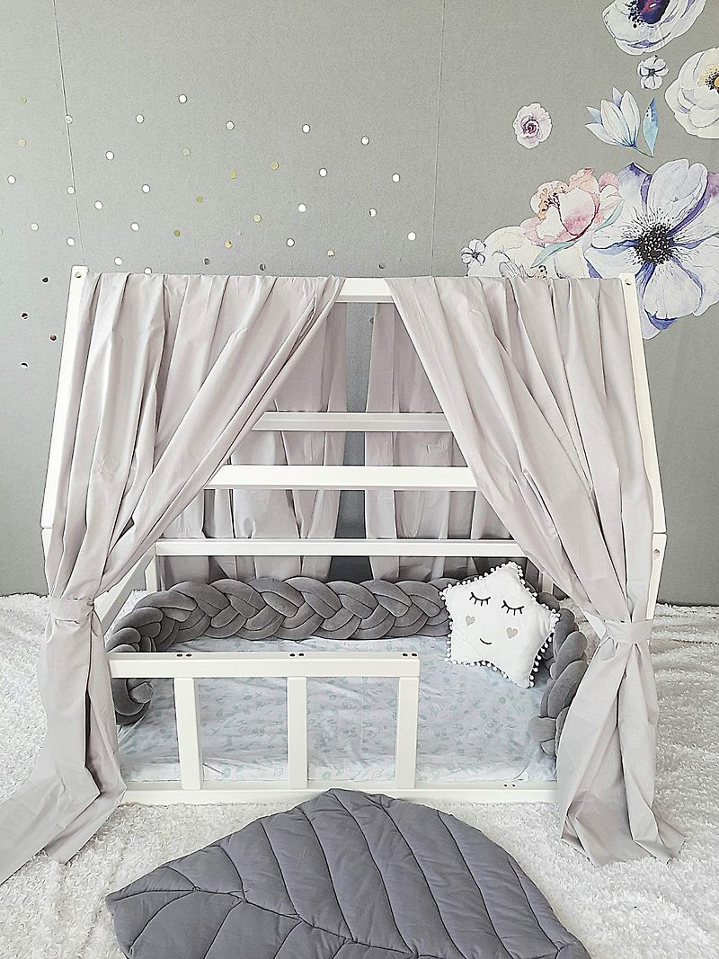 Montessori bed canopy (Set of 2 Pcs) Gray tulle canopy, bed baldachine - Kids' Furniture - Cotton & Hemp Multicolor