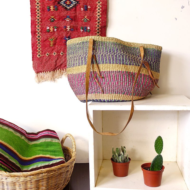 BajuTua / vintage / purple, green and pink color X hand-woven bag Kenya - Large - Messenger Bags & Sling Bags - Cotton & Hemp Multicolor