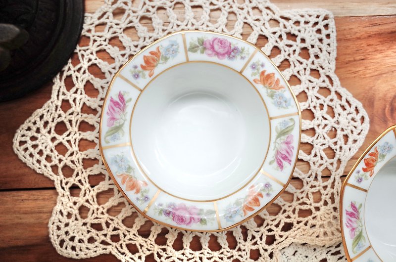 Centennial French famous porcelain Jean Pouyat Limoges hand-painted 24K gold octagonal bone china snack dish - Small Plates & Saucers - Porcelain Multicolor