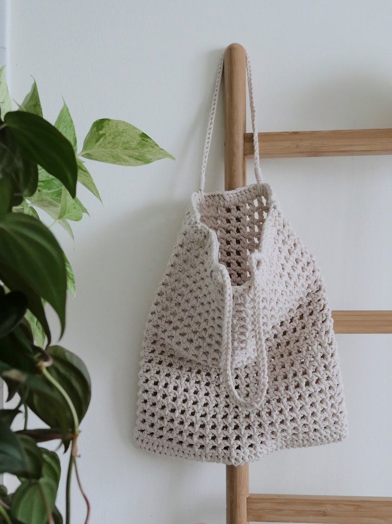 Crochet Cotton Net Bag | Pink Latte Bag | Hand-knitted | Spring/Summer - กระเป๋าถือ - ผ้าฝ้าย/ผ้าลินิน สึชมพู