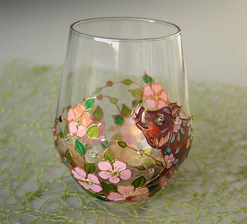 Wild Pig One Glass Hand Painted, Stemless  glass, candleholder - 碗 - 玻璃 多色